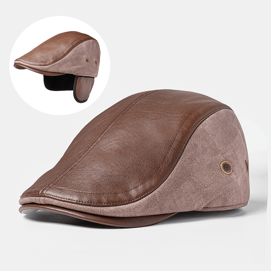 Collrown Men PU Leather Ear Protection Windproof Berets Autumn Outdoor Warm Landlord Hat Stitching Hat - MRSLM