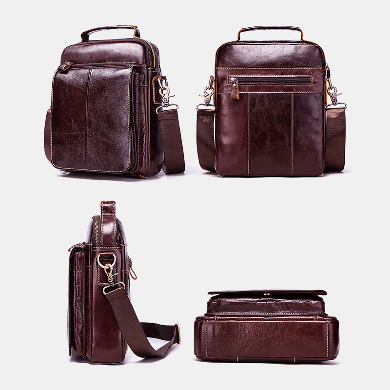 Men Genuine Leather Retro Multifunction Multi-Pockets Multi-Layers Crossbody Bag - MRSLM