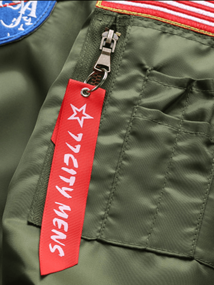Mens Graphic Embroidery American Flag Baseball Collar Multi Pocket Zip-Up Jacket - MRSLM