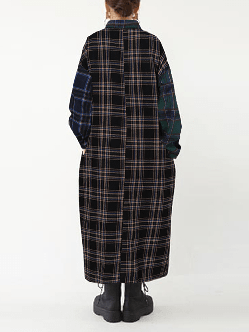 Women Long Sleeve Grid Patchwork Side Pockets Ankle Length Casual Midi Dresses - MRSLM