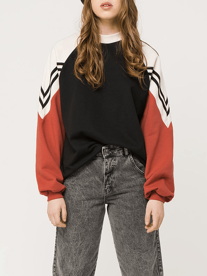 Women Contrasting Colors High Neck Long Raglan Sleeves Pullover Sweatshirts - MRSLM