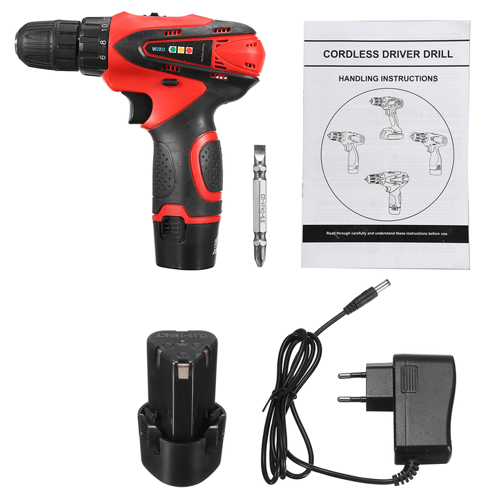 DC 12V Power Drills Two Speed Electric Screwdriver 2 Batteries 1 Charger Screw Driver Tools Kit - MRSLM