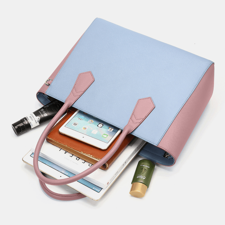 Women PU Leather Patchwork Multifunction Multi-Pocket 13.3 Inch Laptop Key Handbag Shoulder Bag - MRSLM