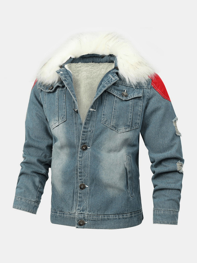 Mens Button up Stone Washed Multi Pocket Fur Fluffy Collar Thick Casual Denim Jacket - MRSLM