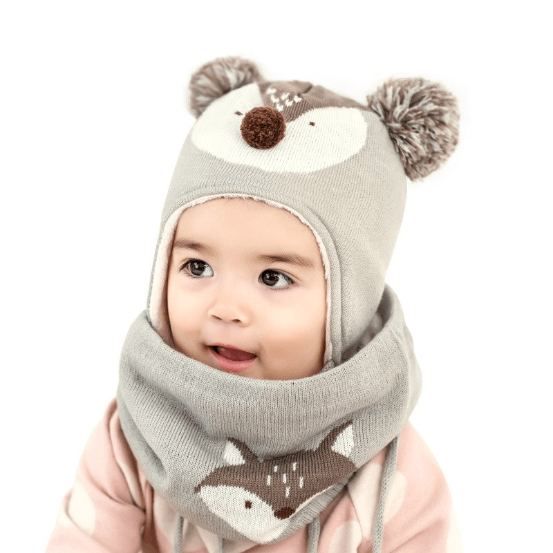 Autumn Winter Children plus Velvet Hat Scarf Set Baby Lovely Cartoon Fox Print Knitted Hat Kids Cap Collar Boy Girl Neck Warmer - MRSLM