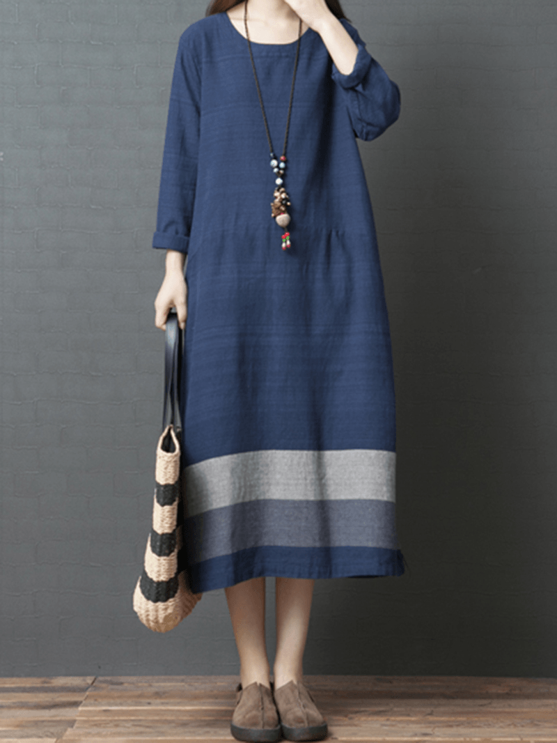 Vintage Women Loose Cotton Linen Striped Patchwork Dress - MRSLM