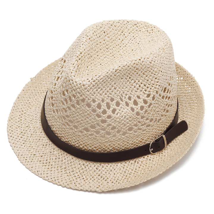 Men Women Personalized Handmade Straw Jazz Hat Outdoor Travel Beach Breathable Mesh Hollow Sun Cap - MRSLM