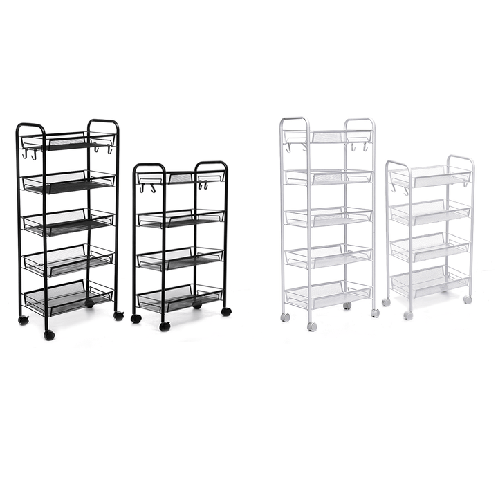 4/5-Tier Basket Stand Kitchen Bathroom Trolley Full-Metal Rolling Food Storage Cart with Lockable Wheels 4 Side Hooks - MRSLM