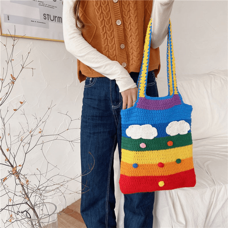 Women Rainbow Stripe Cartoon Cute Casual Youth Wool Knitted Bag Handbag Tote Crossbody Bag - MRSLM