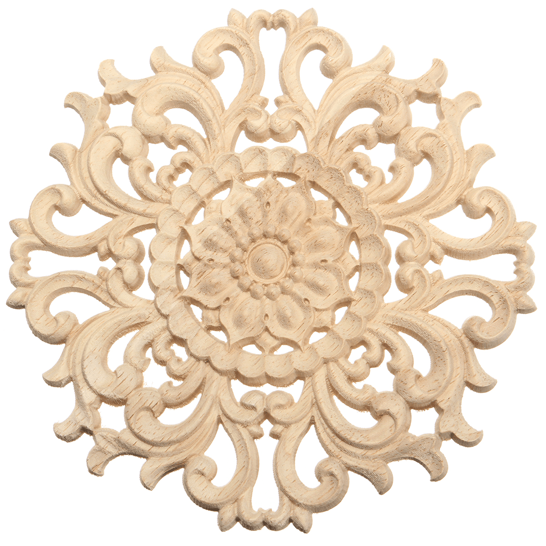 Wood Carved Onlay Applique Unpainted Flower Pattern Furniture Frame Door Decor 15Cm - MRSLM