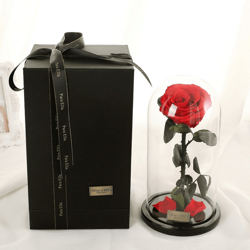 Para Ella Preserved Fresh Rose Flower with Fallen Petals in Glass Dome on a Wooden Base as Gift for Valentine'S Day, Anniversary, Birthday , Wedding - MRSLM