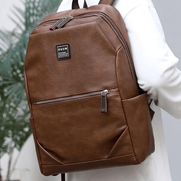 Men PU Leather Business Large Capacity 15.6 Inch Laptop Bag Multifunction Backpack - MRSLM