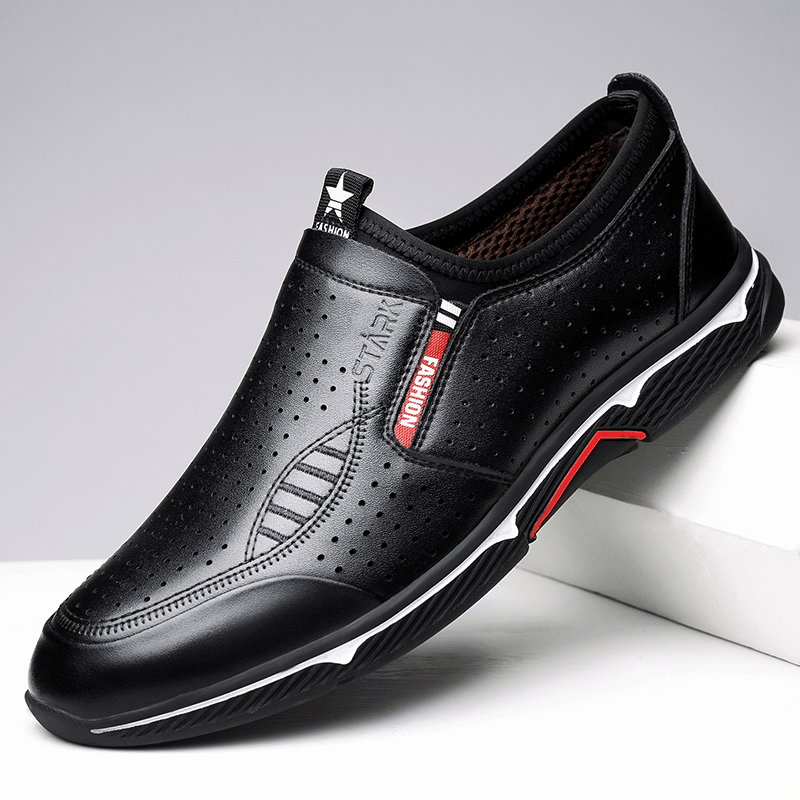 Men Genuine Leather Breathable Hollow Casual Business Loafers - MRSLM