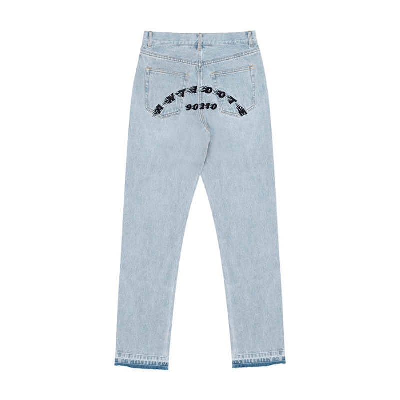 Washed Blue Frayed Edging Distressed Embroidered Straight-Leg Jeans - MRSLM