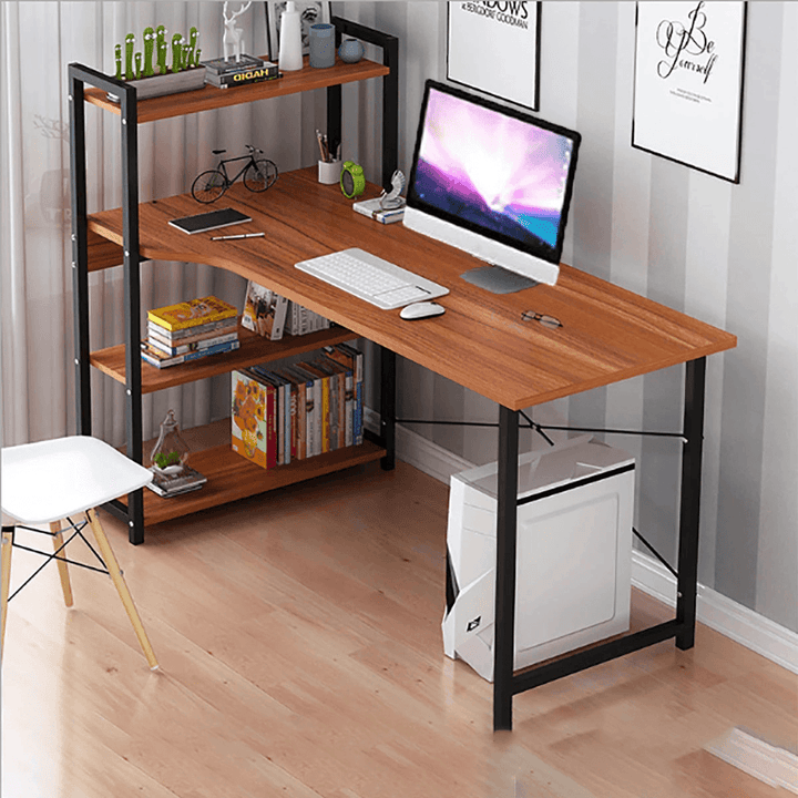 H Shape Computer Laptop Desk 47"L Modern Style Curved Straight Desktop with 4 Tiers Bookshelf for Home Office Studying Living Room - MRSLM