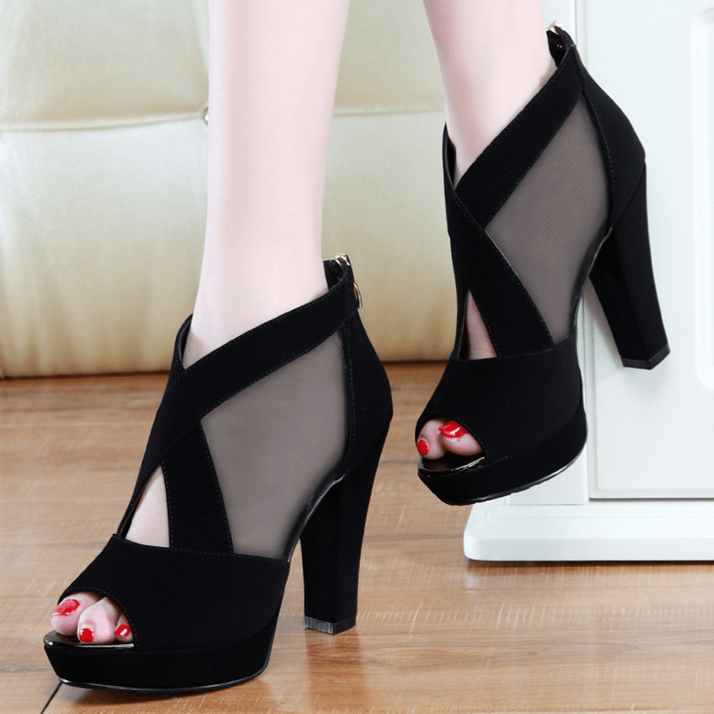 Women Casual Corduroy Chunky Heel Peep-Toe Pumps Shoes - MRSLM