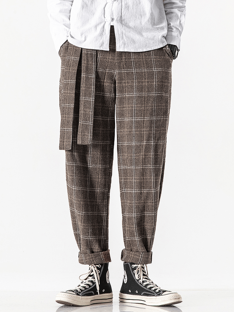 Mens Plaid Vintage Zipper Fly Belted Casual Pants - MRSLM