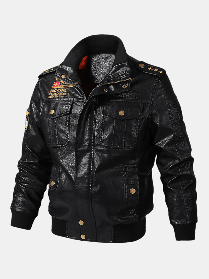 Mens PU Leather Badge Zip Front Biker Jackets with Flap Pockets - MRSLM