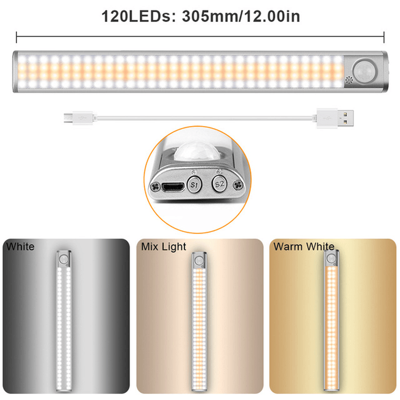 80/120/160Leds 3 Light Colors PIR Motion Sensor Led Cabinet Light Dimmable Wardrobe Closet Lights USB Rechargeable Night Lamp 3 Modes - MRSLM