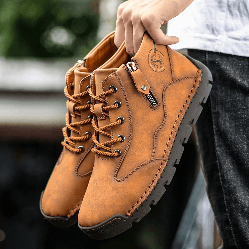 Men Leather Hand Stitching Breathable Soft Sole Brief Pure Color Zipper Lace up Casual Shoes - MRSLM