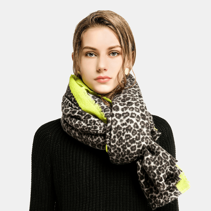 Women Acrylic Artificial Wool Leopard Print Shawl Fashion Casual Dual-Use Lengthen Warmth Scarf - MRSLM