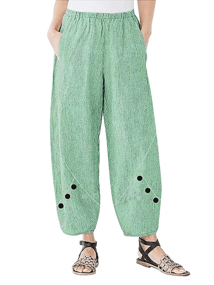 Striped Elastic Waist Side Pocket Harem Button Casual Pants - MRSLM