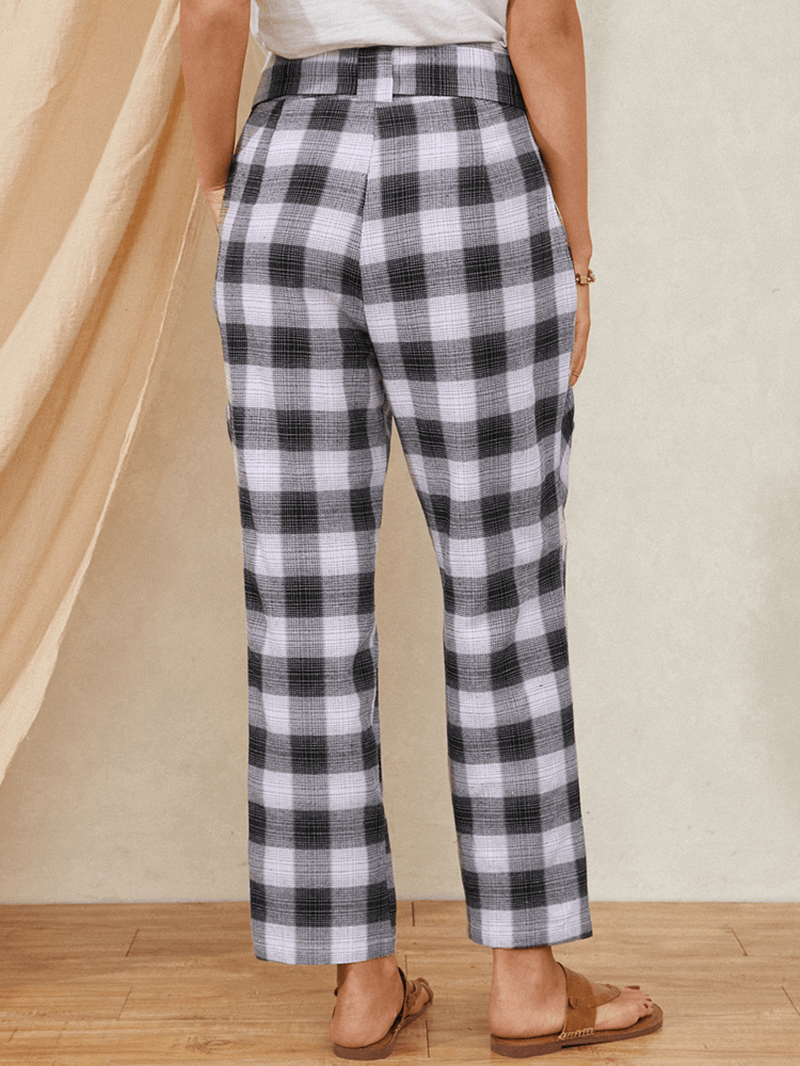 Plaid Print Knotted Pocket High Waist Loose Casual Pants for Women - MRSLM