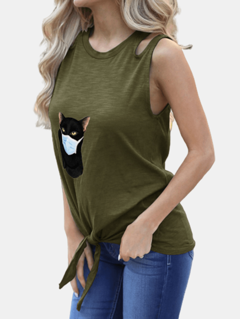 Cartoon Cat Printed Sleeveless Women Casual Tank Tops - MRSLM