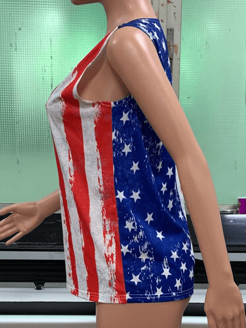 America Flag Print O-Neck Sleeveless Casual Tank Tops - MRSLM