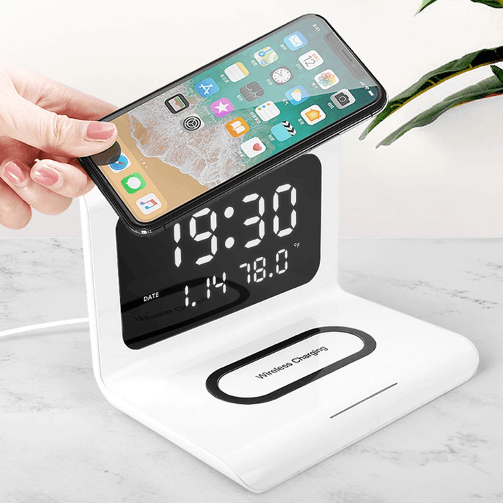 Electric LED 12/24H Alarm Clock with Phone QI 10W Wireless Charger Table Digital Thermometer LED Display Desktop Clock Perpetual Calendar - MRSLM