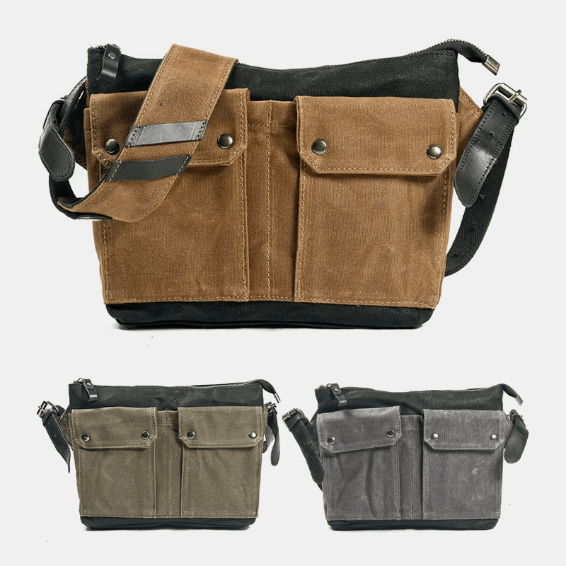 Men Casual Wear-Resistant Waterproof Canvas Briefcase Multi-Pocket Color Contrast Crossbody Shoulder Bag - MRSLM