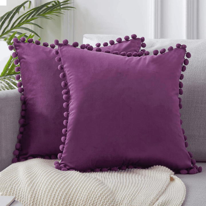 45*45Cm Soft Velvet Pillow Covers Cute Pom Poms Throw Pillow Covers Square Cushion Case for Sofa Couch Home Decor - MRSLM