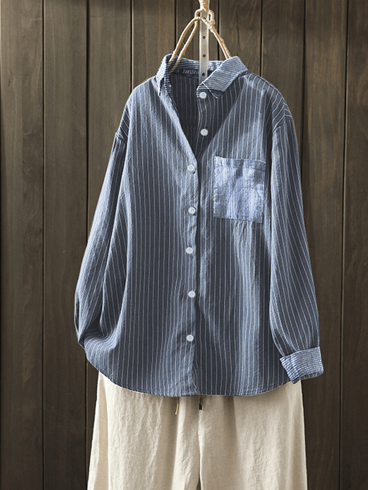 Women Cotton Stripe Print Patchwork Simple Daily Casual Shirts - MRSLM