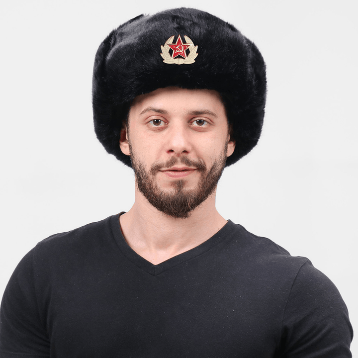 Men Plush Metal Badge Warm Windproof Ear Protection Trapper Hat Winter Outdoor Cold-Proof Ushanka Hat - MRSLM