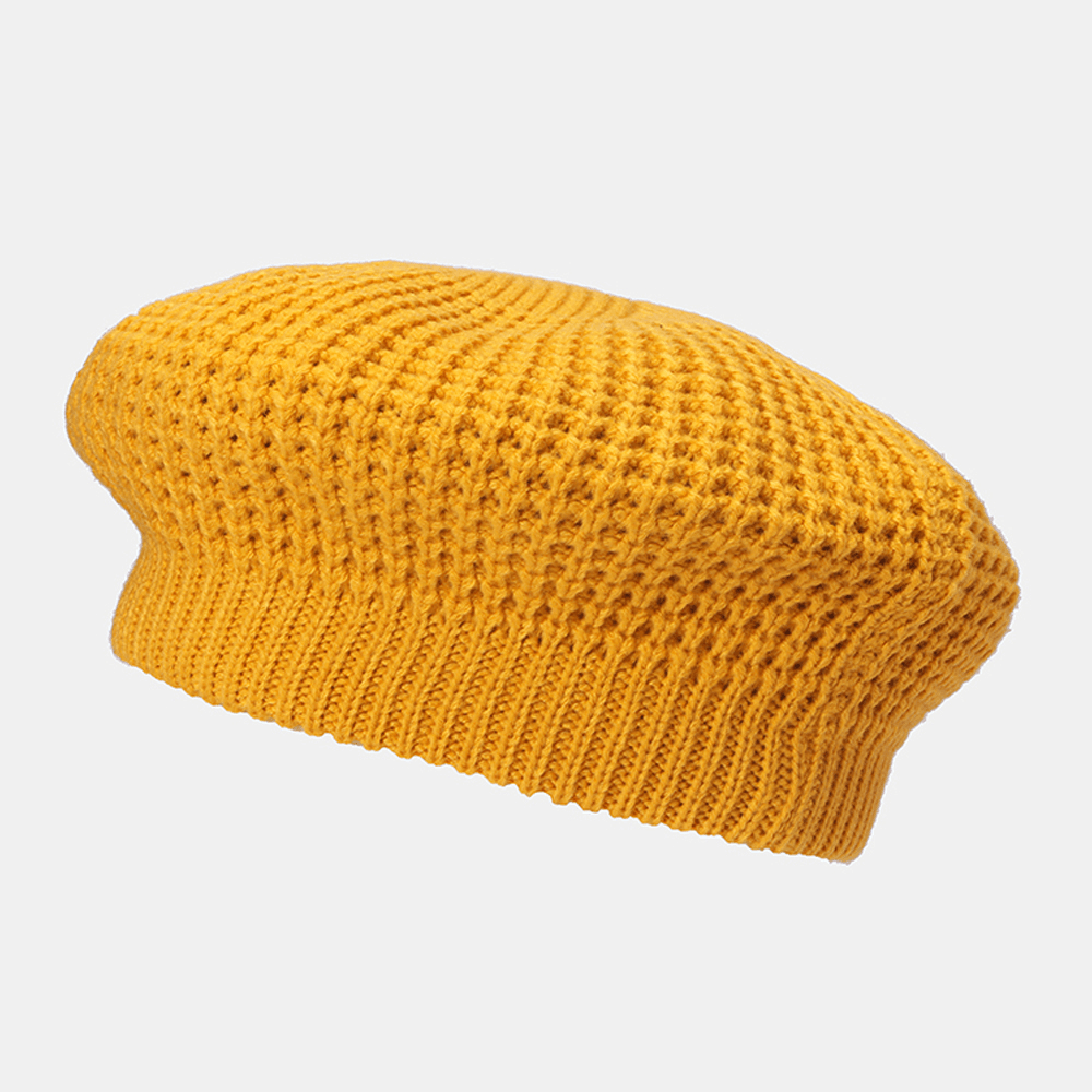 Women Solid Color Dome Hollow Breathable Knitted Hat Outdoor Windproof Sunshade Beret Cap - MRSLM