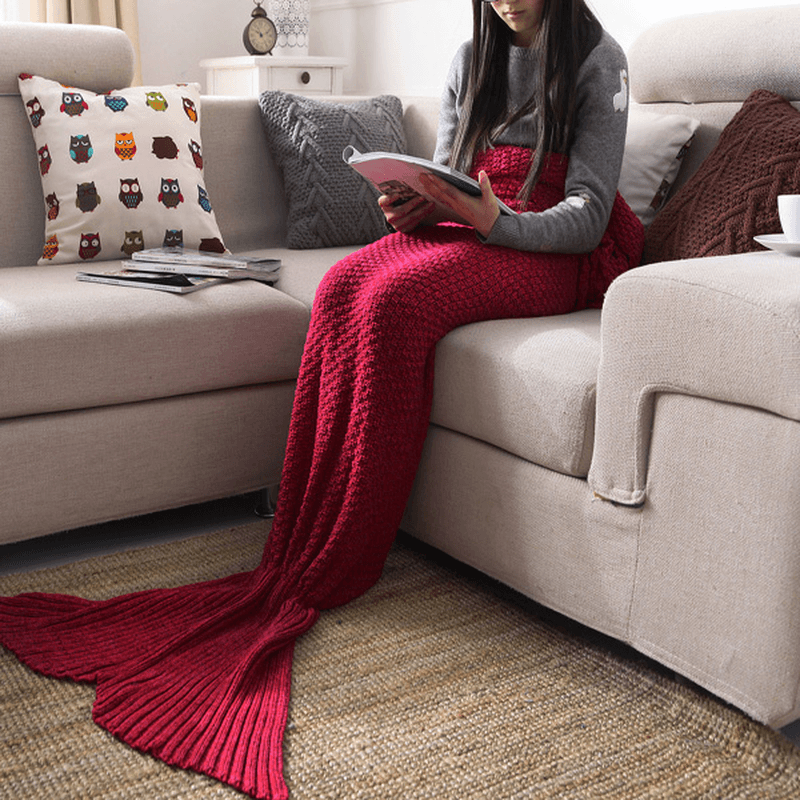 Yarn Knitted Mermaid Tail Blanket Handmade Crochet Throw Super Soft Sofa Bed Mat Sleeping Bag - MRSLM