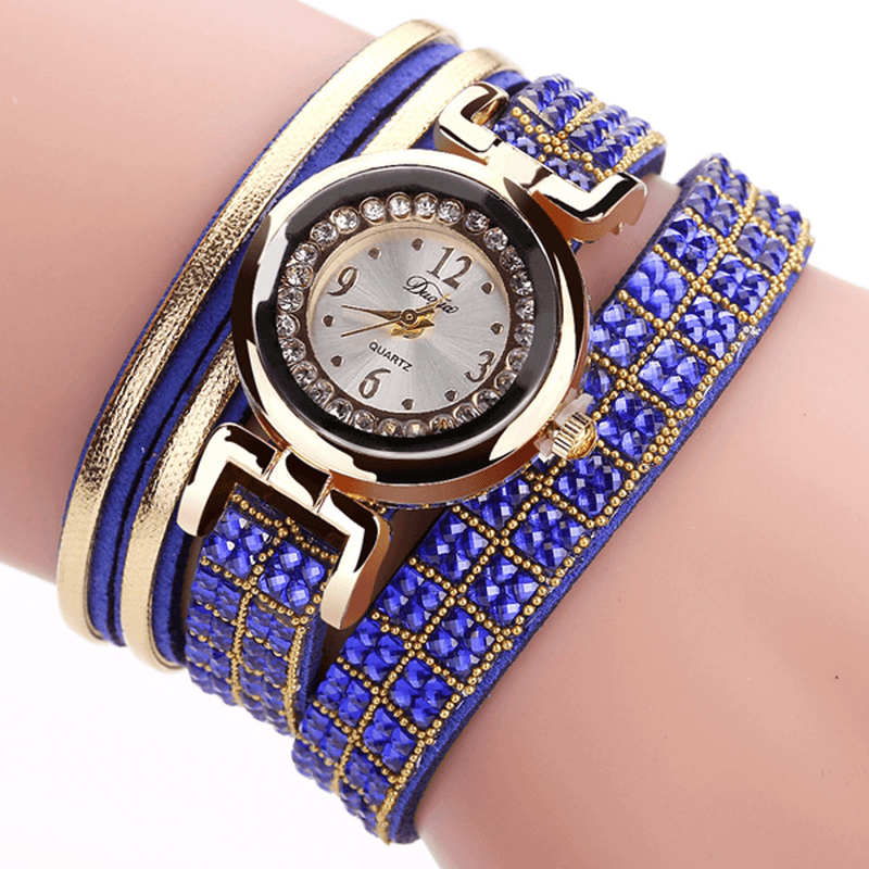 DUOYA Fashion Style Leather Band Bracelet Winding Rhinestones Dial Quartz Moement Ladies Watches - MRSLM