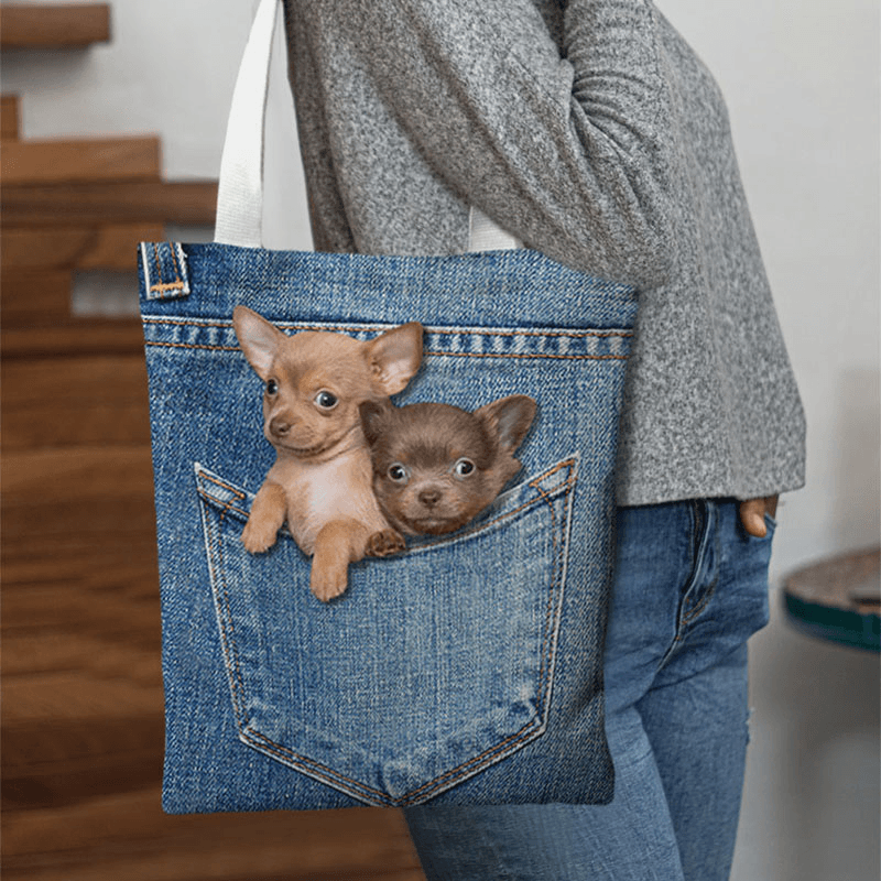 Women Canvas Cat Dog inside Jeans Pattern Large Capacity School Bag Shoulder Bag Handbag Tote - MRSLM