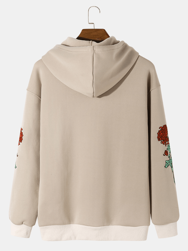 Men Embroidery Flower Print Letter Kangaroo Pocket Drawstring Casual Hooded Sweatshirt - MRSLM