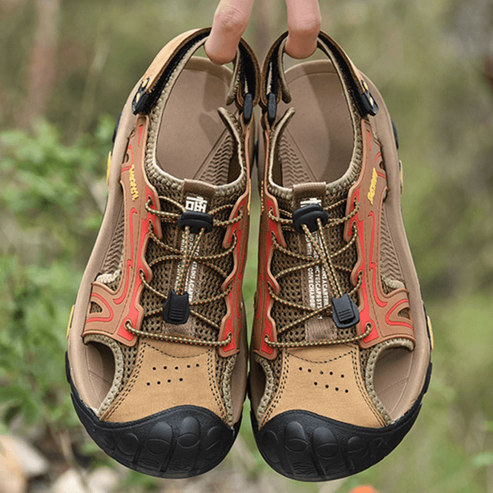 Men Anti-Collision Toe Cap Outdoor Hiking Genuine Leather Sandals - MRSLM
