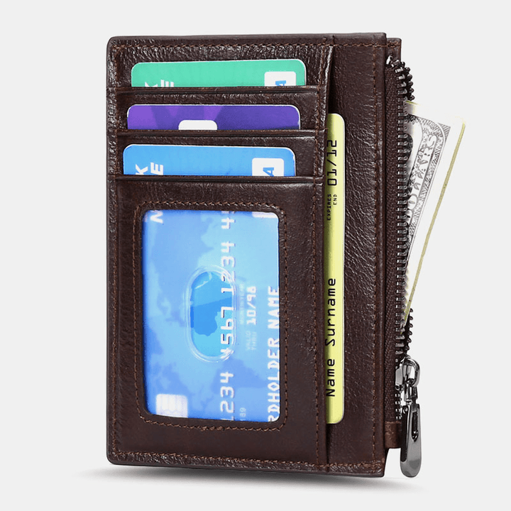 Men First Layer Cowhide RFID Anti-Magnetic Wallets Ultra-Thin 8 Card Slot Card Holder Zipper Coin Purse - MRSLM
