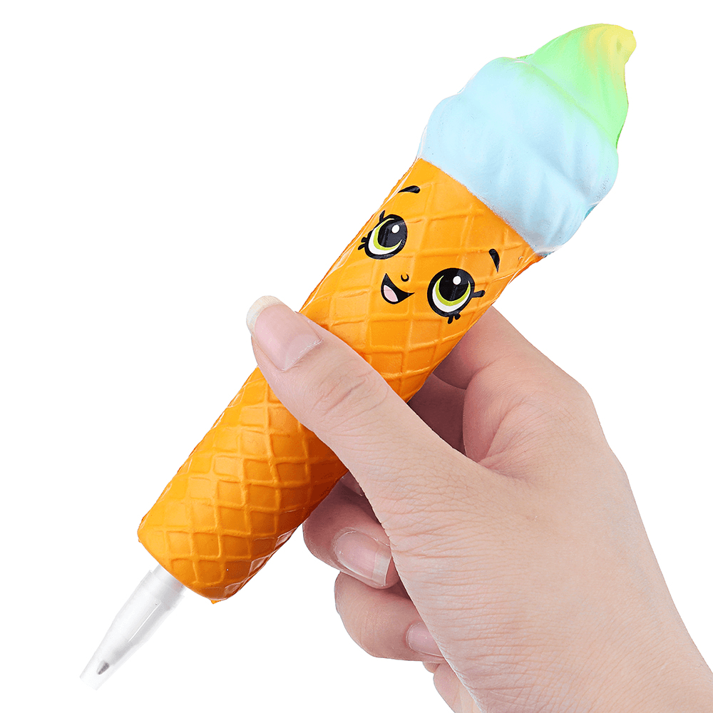 Squishy Pen Cap Smile Face Ice Cream Cone Slow Rising Jumbo with Pen Stress Relief Toys Student Office Gift - MRSLM