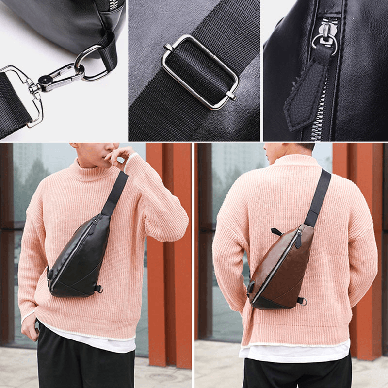 Men PU Leather USB Charging Waterproof Casual Crossbody Bag Chest Bag Sling Bag - MRSLM