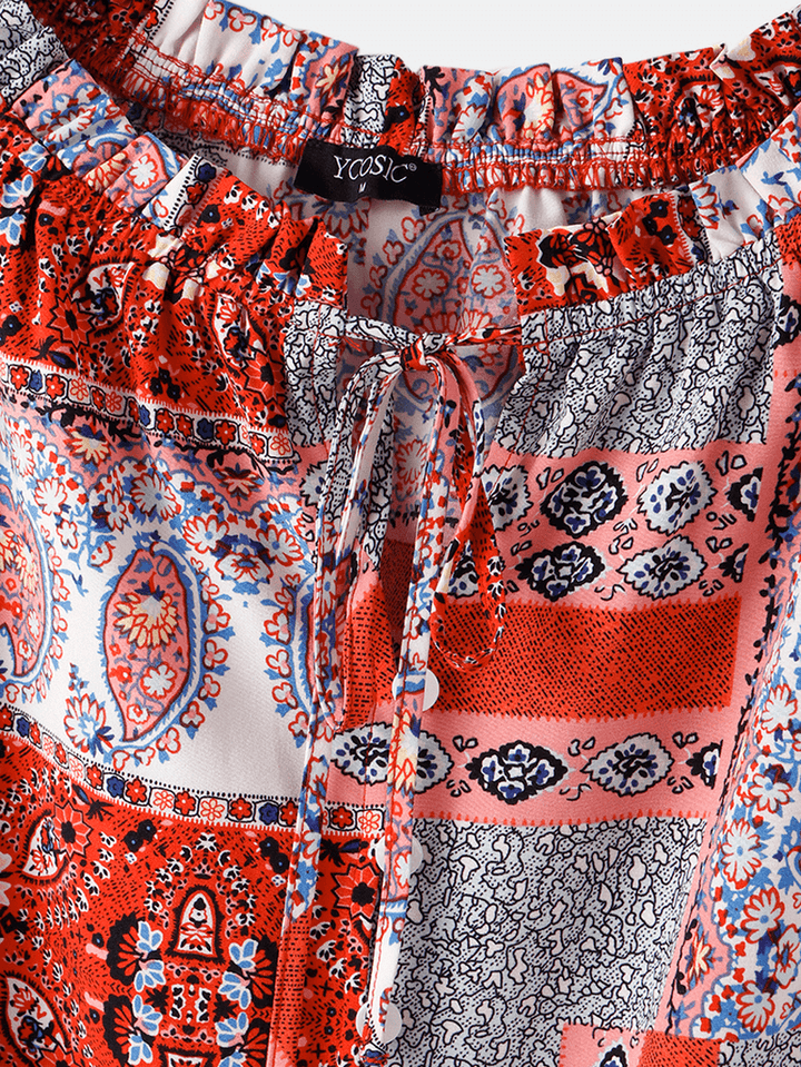 Women Ethnic Pattern Print off Shoulder Drawstring Button Long Sleeve Blouse - MRSLM