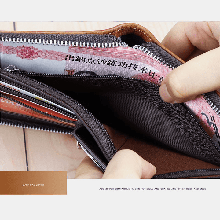 Men Faux Leather Zipper Retro Business Classical Multi-Slot Card Holder Wallet - MRSLM