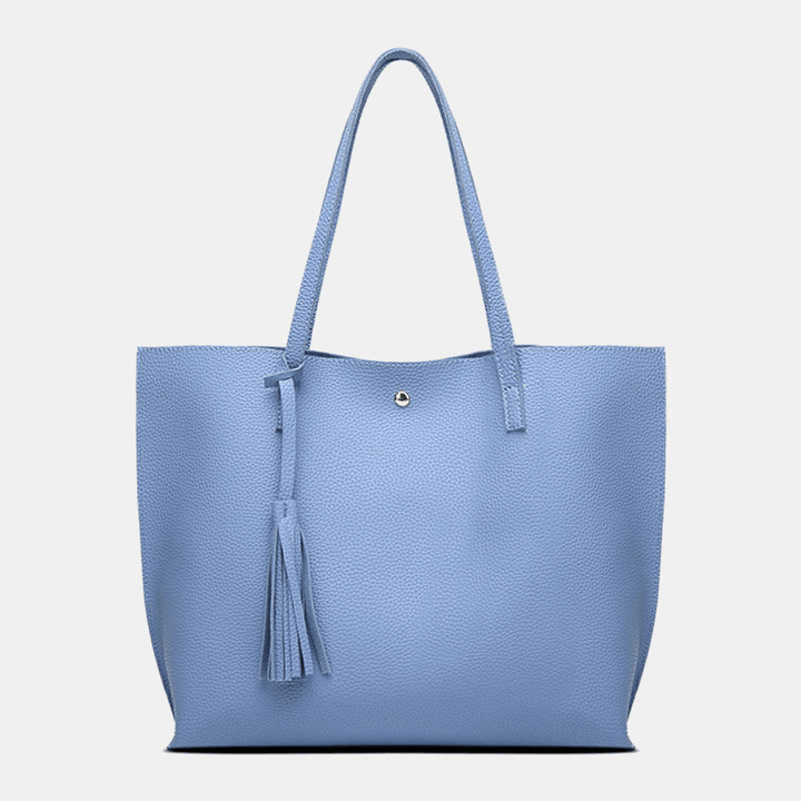Women PU Leather Lychee Pattern Large Capacity Casual Tassel Solid Tote Shoulder Bag Handbag - MRSLM
