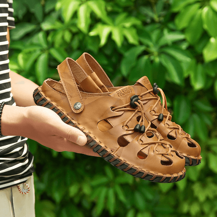 Men Cowhide Hollow Out Hand Stitching Soft Bottom Non Slip Comfy Outdoor Casual Sandals - MRSLM