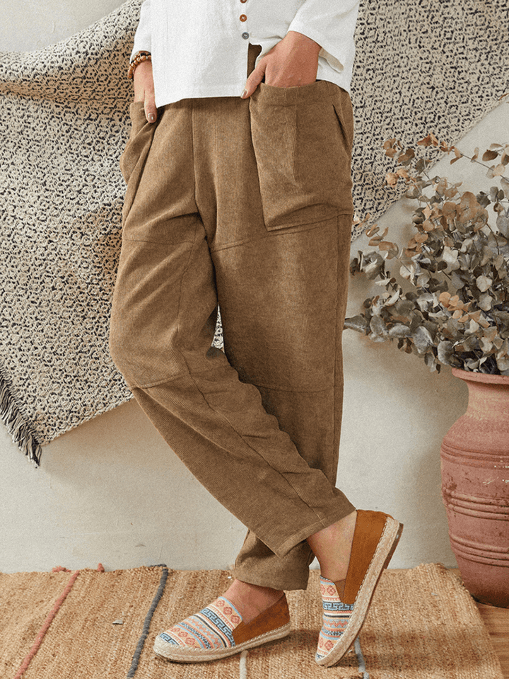 Women Khaki Corduroy Side Pockets Ankle Length Pants - MRSLM