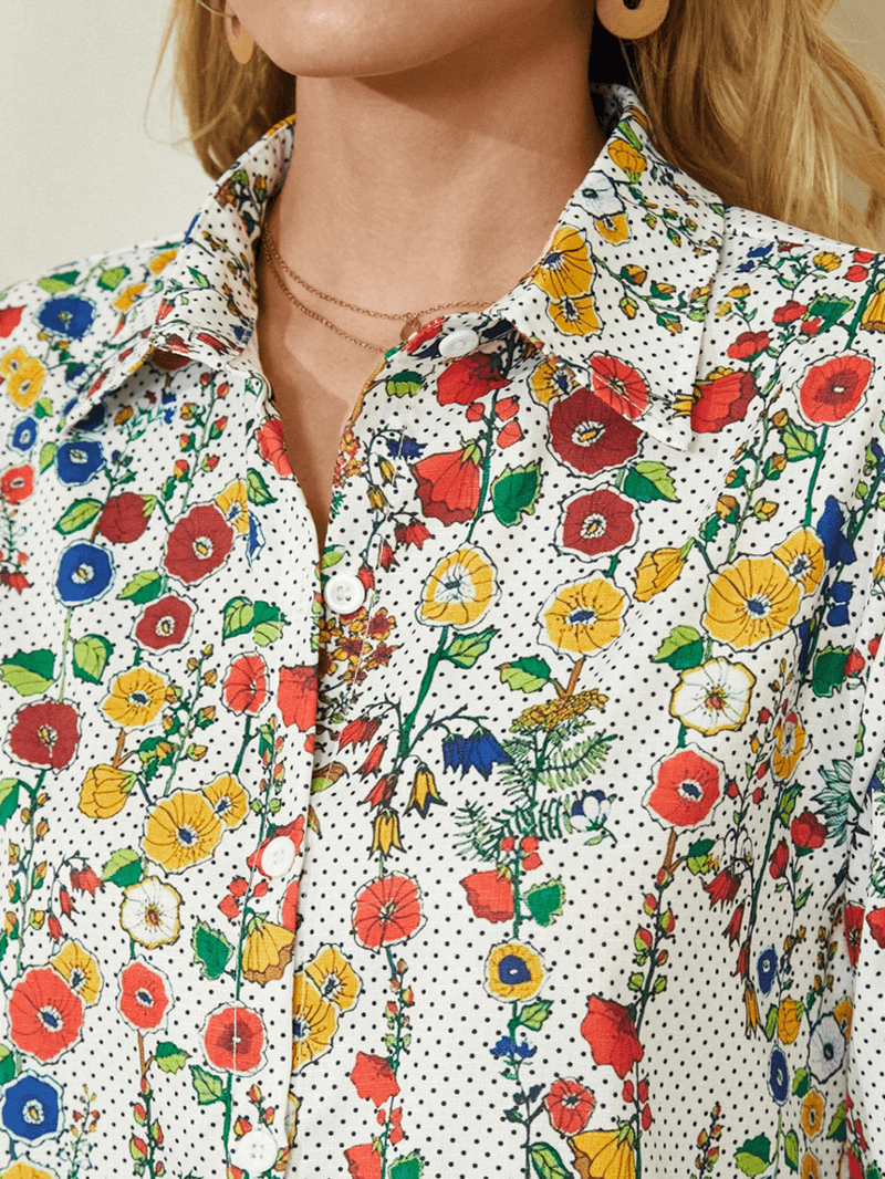 Women All over Floral Dot Print Lapel Vintage Long Sleeve Shirts - MRSLM