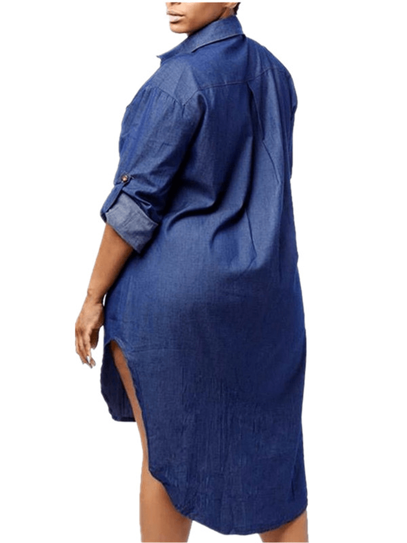 Women Buttons down Asymmetrical Casual Shirt Denim Mini Dress - MRSLM